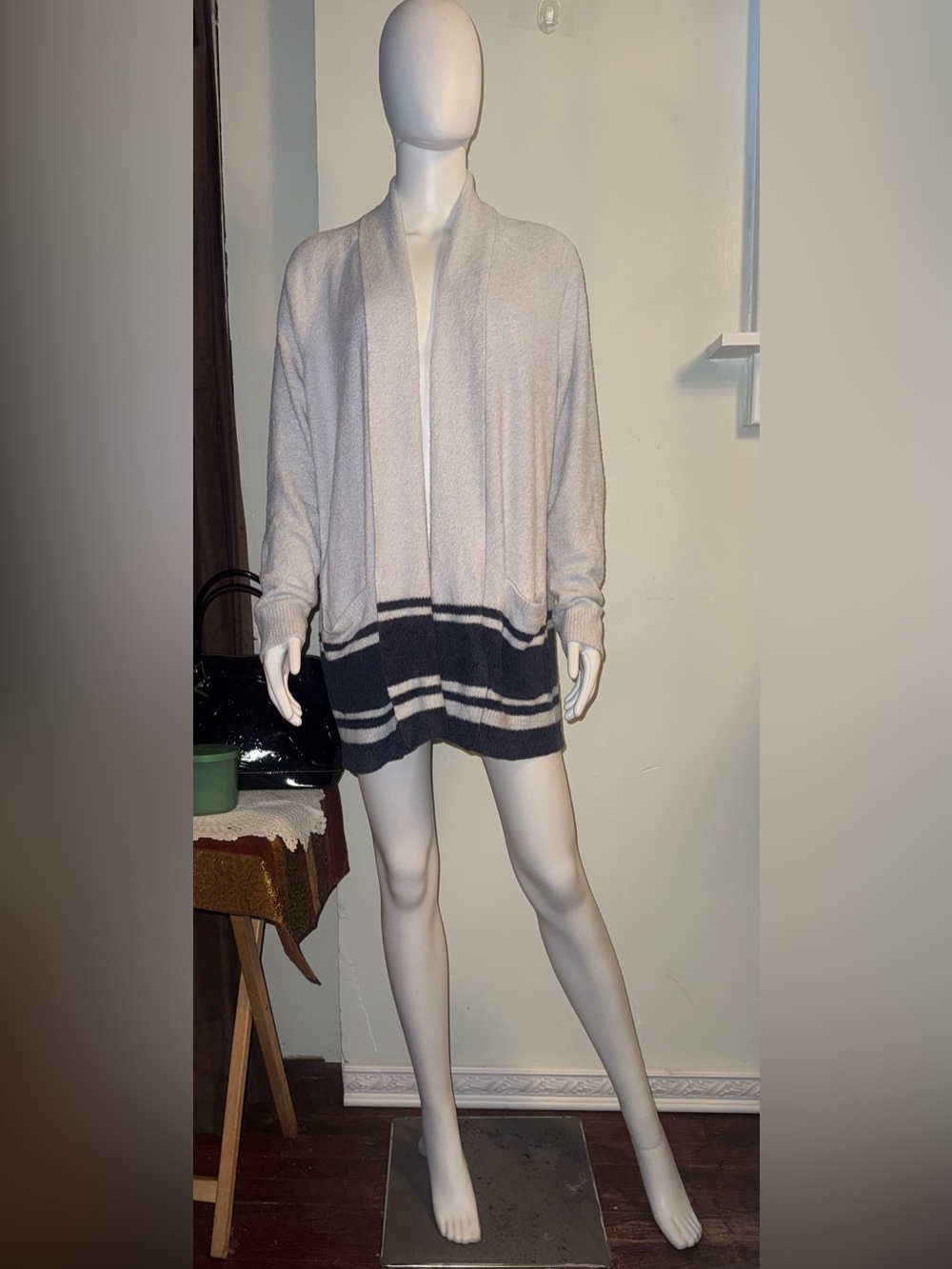 Barefoot Dreams Cozy Chic Cardigan with Navy Stripe Hem and Saddle Pocket
